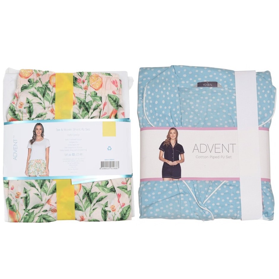 2 x ADVENT Women's Piped 2pc PJ Set, Size S, Cotton, Pink Stripe & White/Pe