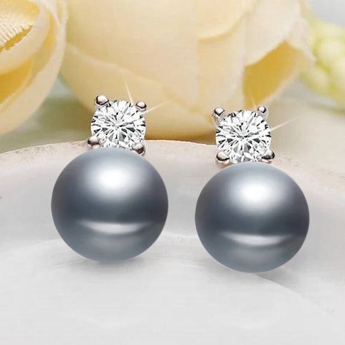 BIJ'OR - Genuine Grey Freshwater Pearl  & Simulated Diamond Stud Earrings