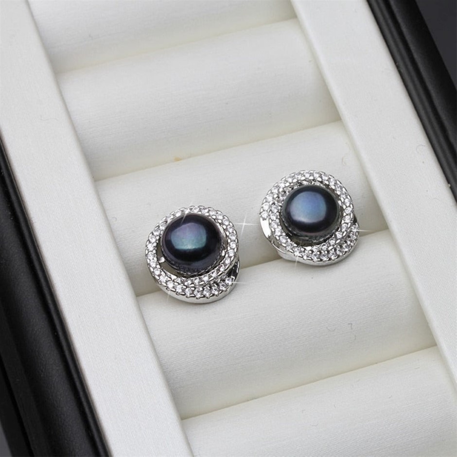 BIJ'OR - Genuine Simulated Diamond & Black Freshwater Pearl Swirl Stud