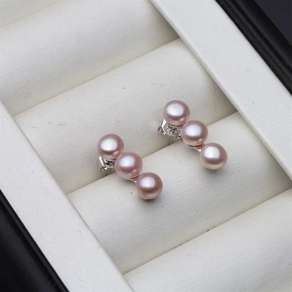 BIJ'OR - Genuine Purple Freshwater Pearl Triple Drop Stud Earrings, RRP $59