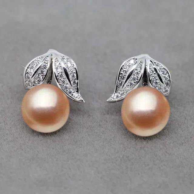 BIJ'OR - Genuine Pink Freshwater Pearl and Simulated Diamond Leaf Stud