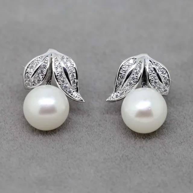 BIJ'OR - Genuine White Freshwater Pearl and Simulated Diamond Leaf Stud