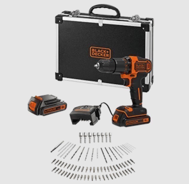 BLACK + DECKER 18V Hammer Drill Kit With Carry Case & 80x Attachments.