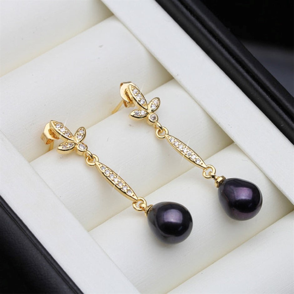 BIJ'OR - Genuine Black Pearl Long Dangle Earrings in Gold RRP $59