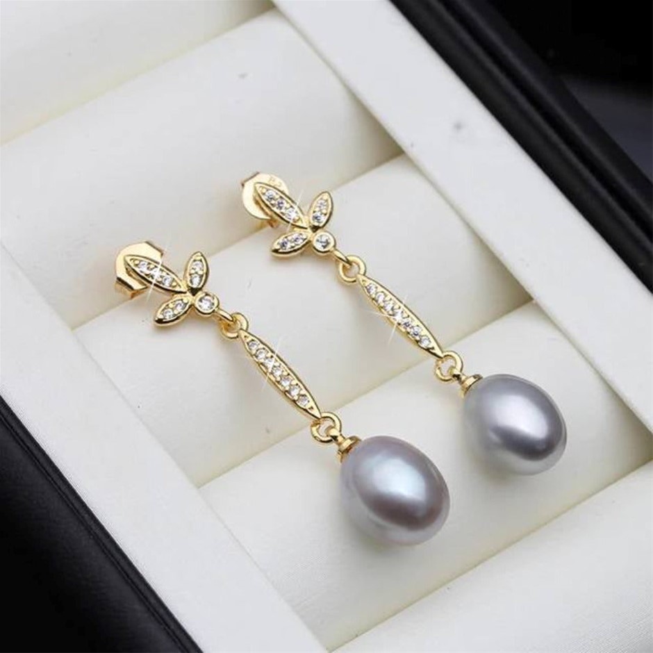 BIJ'OR - Genuine Grey Freshwater Pearl Long Dangle Earrings in Gold RRP $59