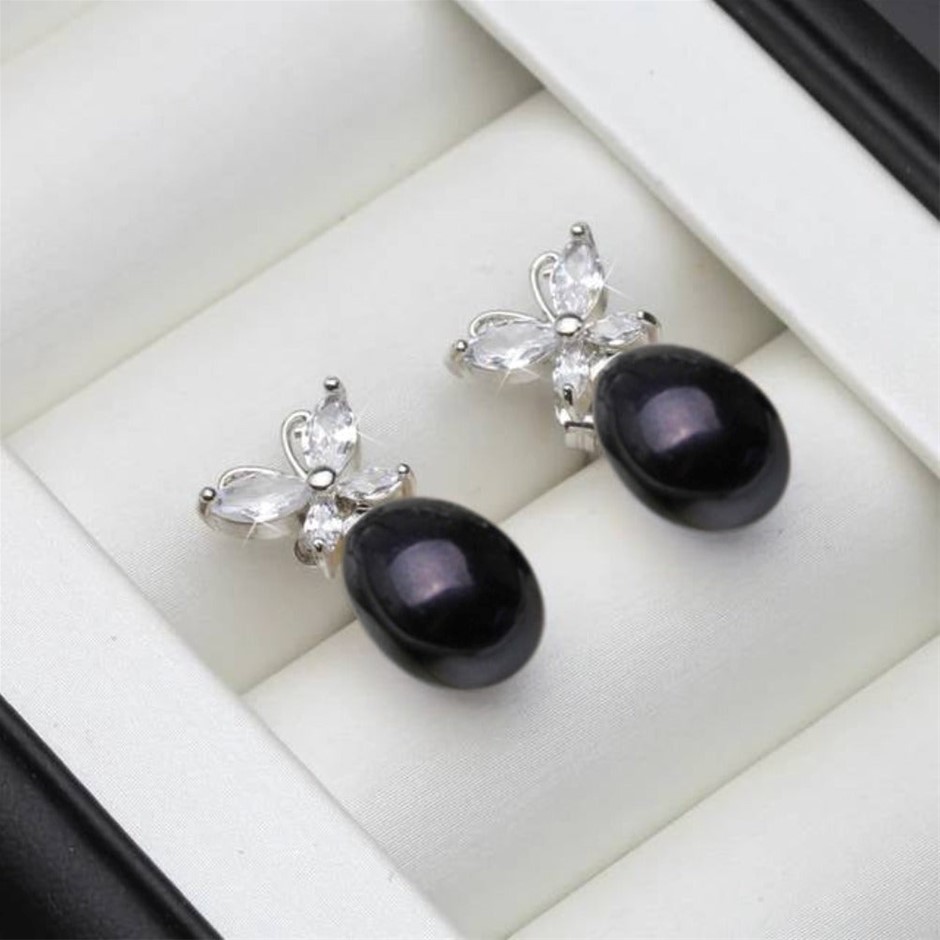 BIJ'OR - Genuine White Black Pearl & Simulated Diamond Earrings RRP $59