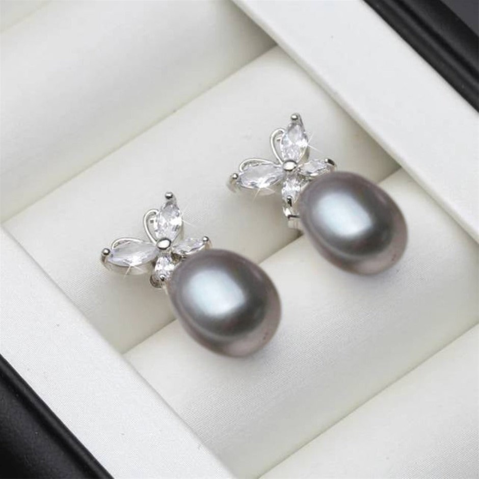 BIJ'OR - Genuine White Grey Pearl & Simulated Diamond Earrings RRP $59