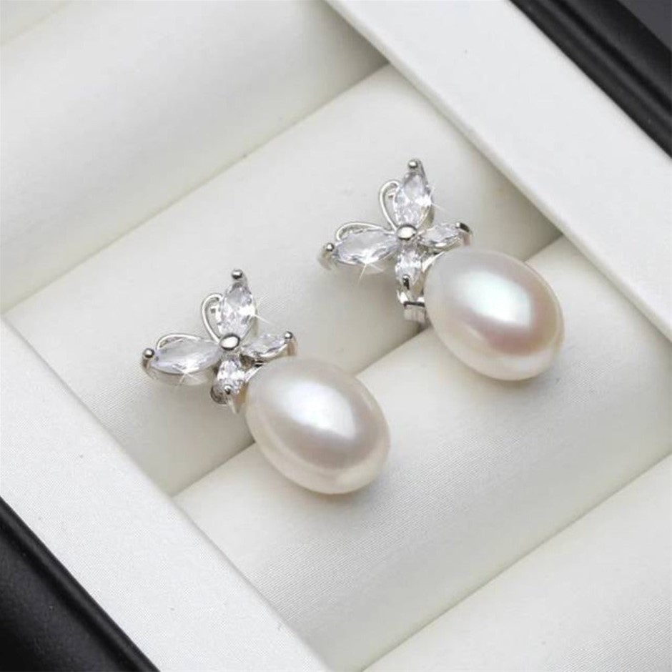 BIJ'OR - Genuine White Pearl & Simulated Diamond Earrings RRP $59