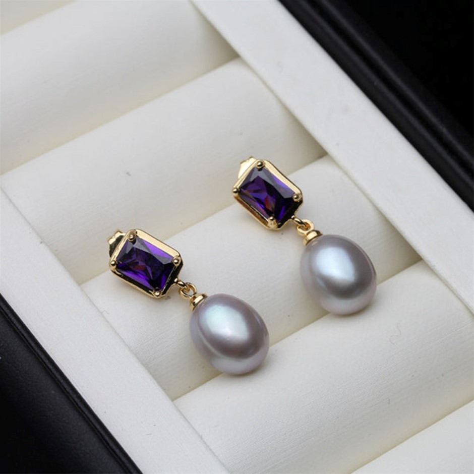 BIJ'OR - Genuine Grey Pearl Purple Rectangular Drop Earrings RRP $59