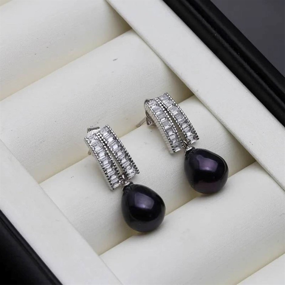 BIJ'OR - Genuine Black Pearl & Simulated Diamond Dangle Earrings RRP $59