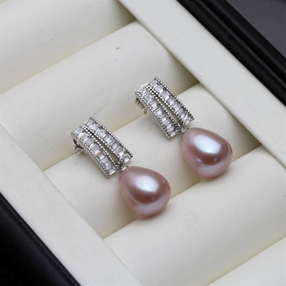 BIJ'OR - Genuine Purple Pearl & Simulated Diamond Dangle Earrings RRP $59