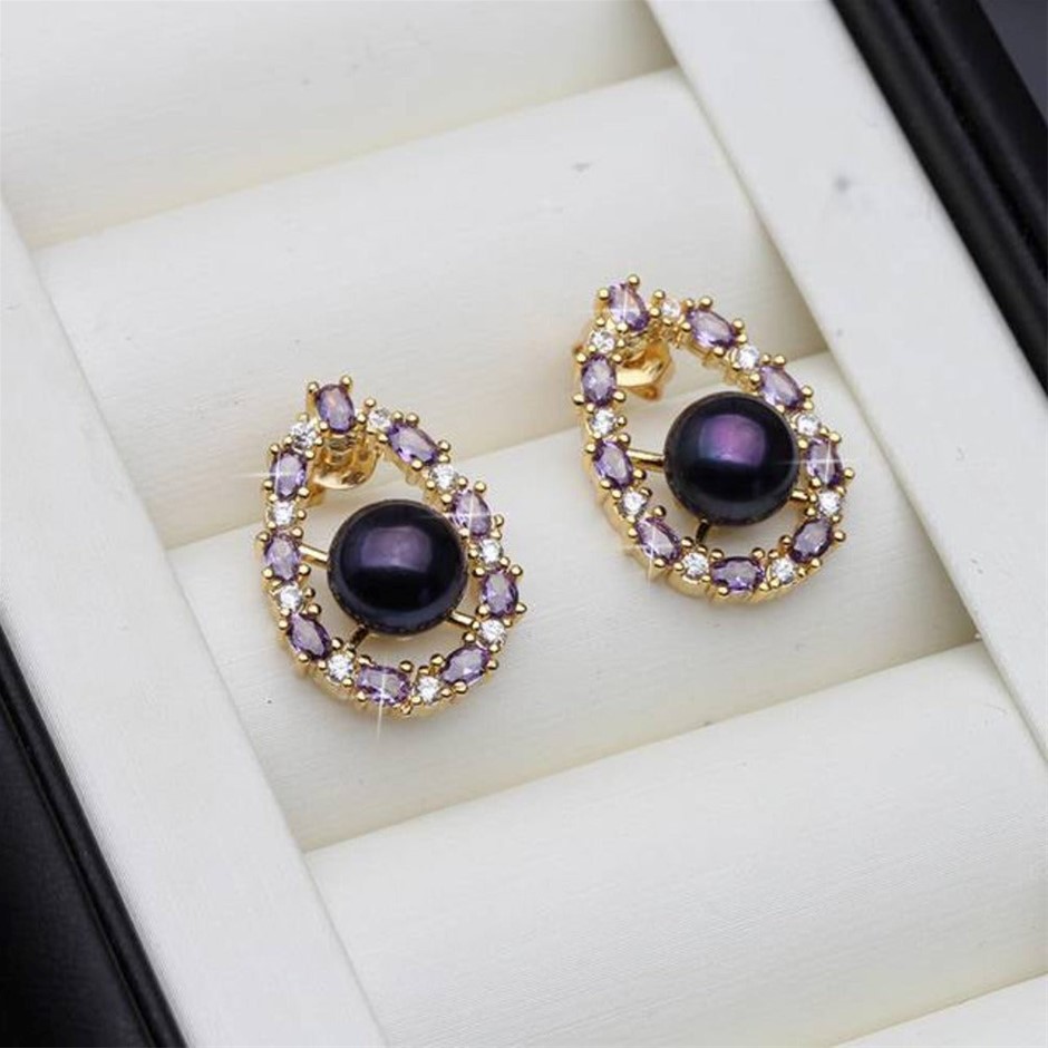 BIJ'OR - Genuine Black Pearl & Purple Simulated Diamond Earrings RRP $59