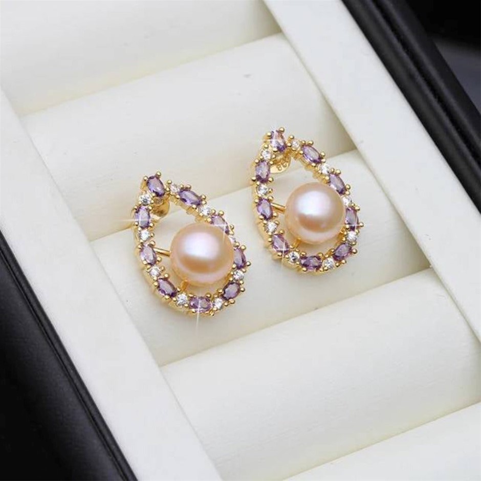 BIJ'OR - Genuine Pink Pearl & Purple Simulated Diamond Earrings RRP $59