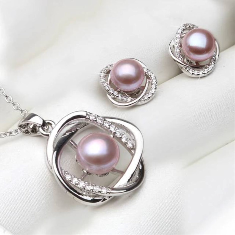 BIJ'OR Genuine Purple Freshwater Pearl & Diamond Earring & Necklace RRP 99
