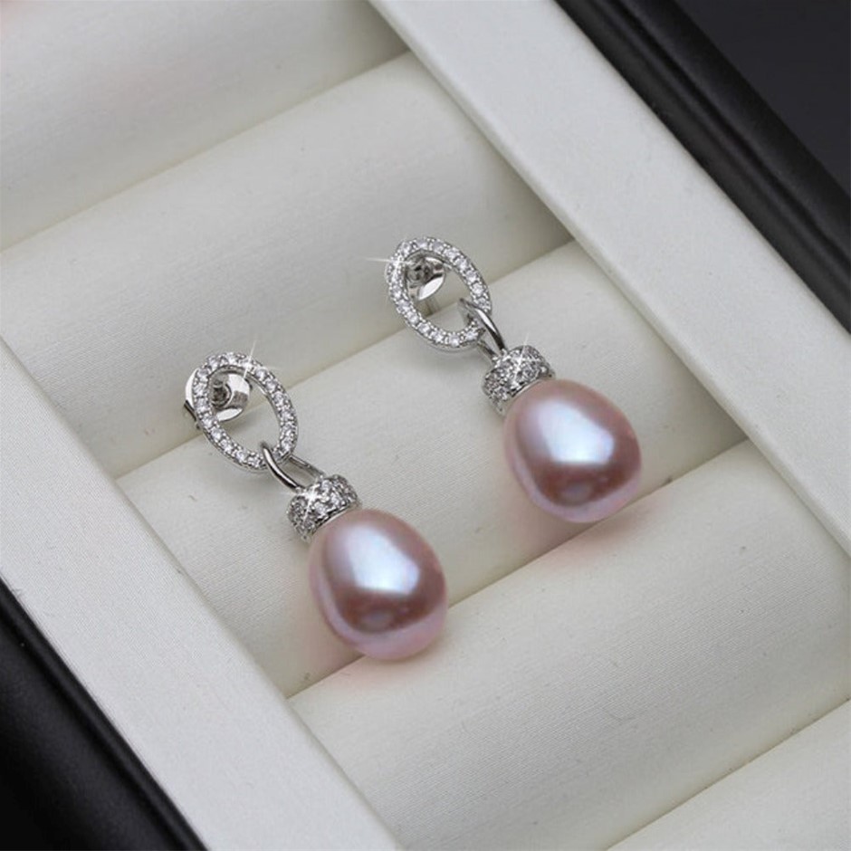BIJ'OR - Genuine Purple Freshwater Pearl & Diamond Drop Earrings. RRP 59