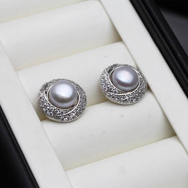 BIJ'OR White Grey Freshwater Pearl & Diamond Round Stud Earrings. RRP 59