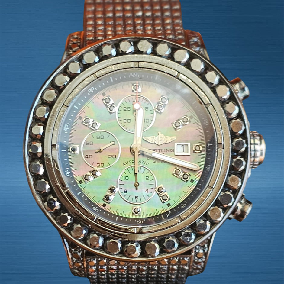 BREITLING 46MM STAINLESS STEEL A13370 MOTHER OF PEARL DIAMOND WXO & COA