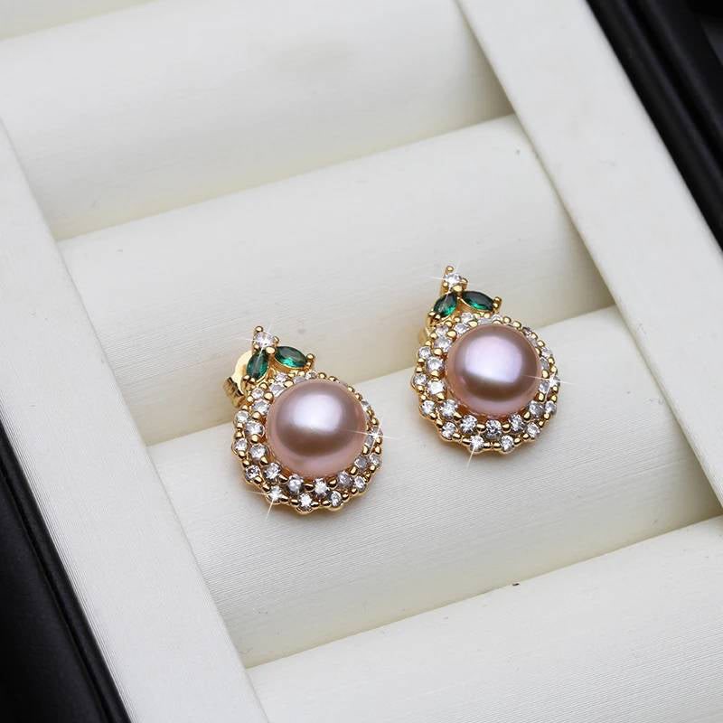 BIJ'OR - Round Purple Pearl Earrings With Green Stone RRP $59
