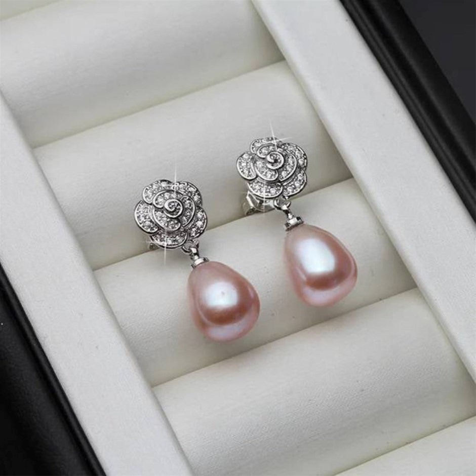 BIJ'OR - Purple Pearl & Simulated Diamond Floral Drop Earrings RRP $59