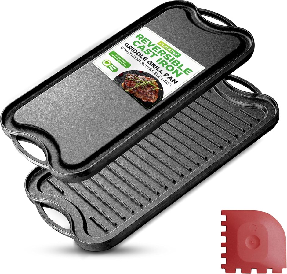 NUTRICHEF Reversible Cast Iron Griddle, Dual-Sided Flat & Grill Plate, 50cm