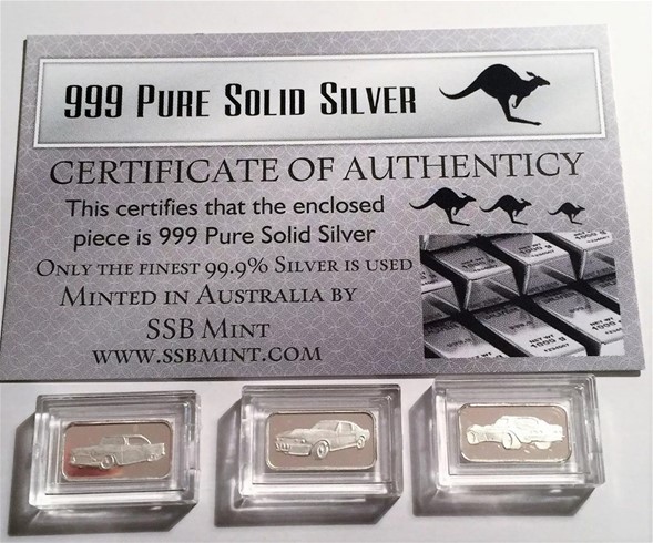 3 x 1g 999 Pure Silver Muscle Car Series  Ingots with COA 3 G