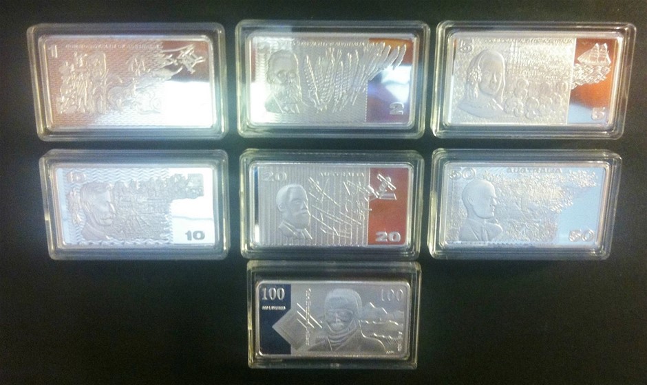 7 x 1 Troy OZ "OLD AUSTRALIAN NOTE SERIES" Ingots in 999 Fine Silver