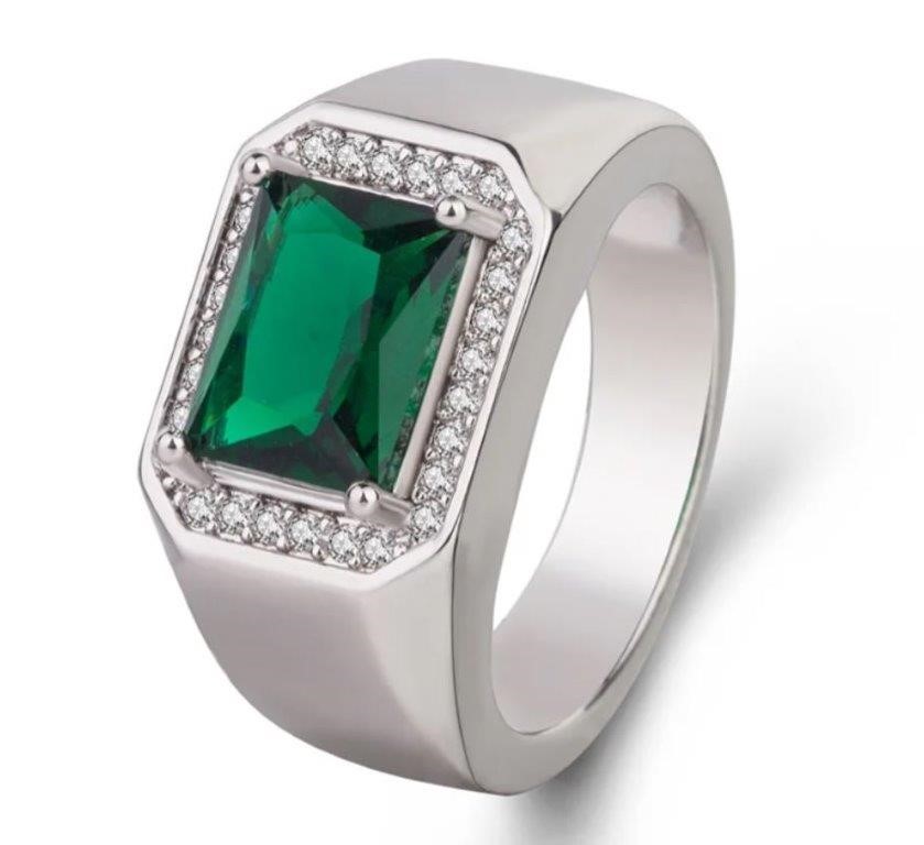 925 Silver Ring 3.0ct Green  Emerald Cut Simulated Diamodns-8us