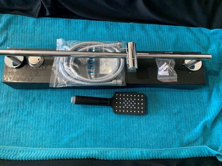 New in Box Chrome Shower Rail with Black Hand Held - Quantity 1
