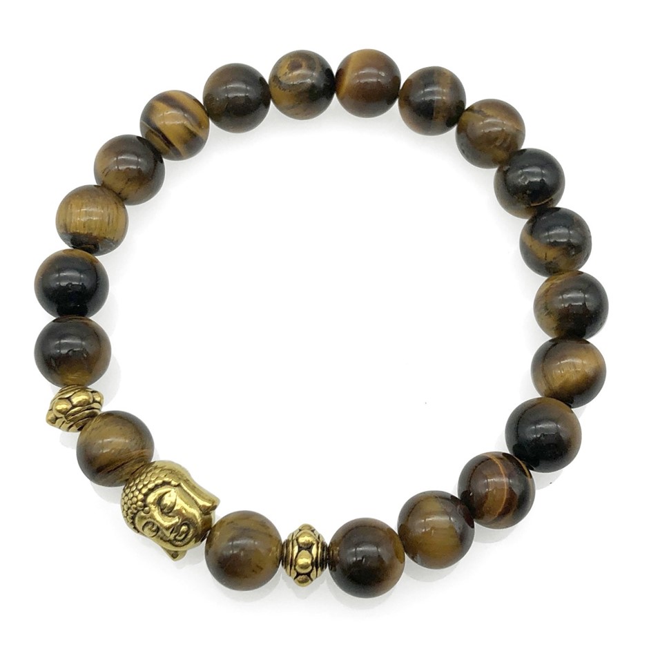 8mm Tiger Eye & Antique Gold Buddha Charm Beaded Bracelet