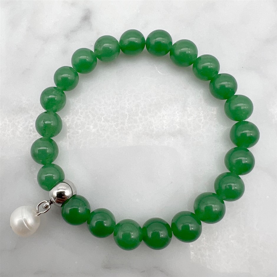 Large Pearl and Green Aventurine Gemstone Bracelet