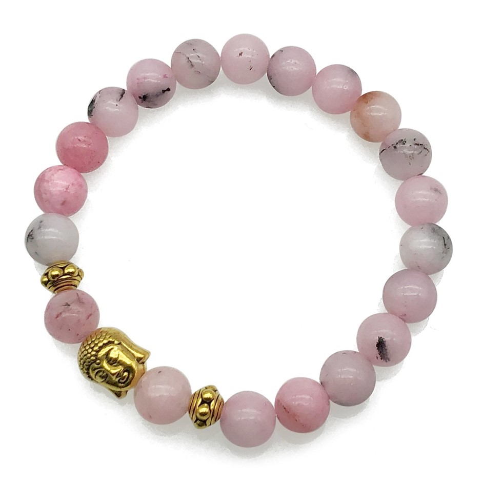 8mm Cherry Blossom & Antique Gold Buddha Charm Beaded Bracelet