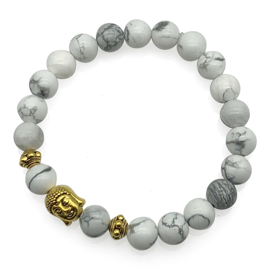 8mm Howlite & Antique Gold Buddha Charm Beaded Bracelet