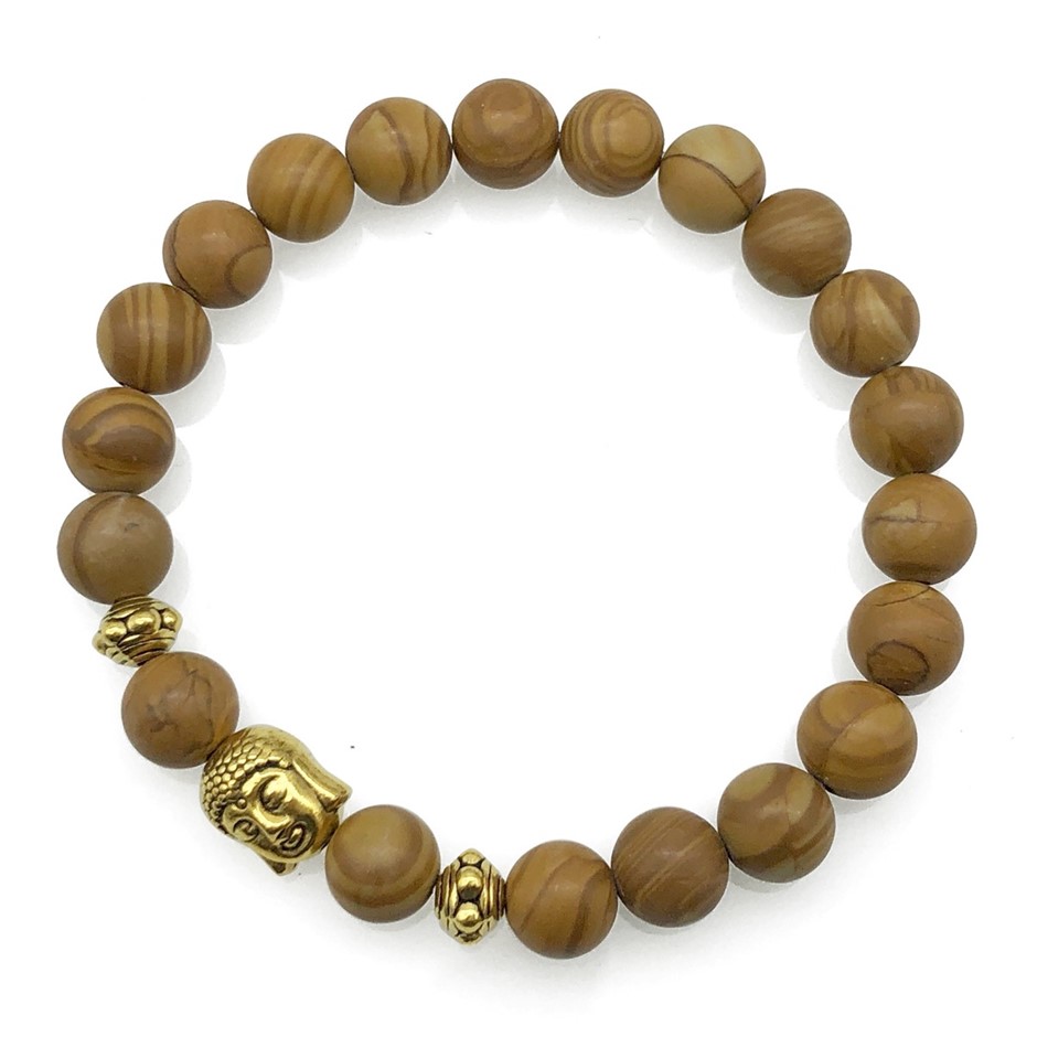 8mm Wood Lace & Antique Gold Buddha Charm Beaded Bracelet