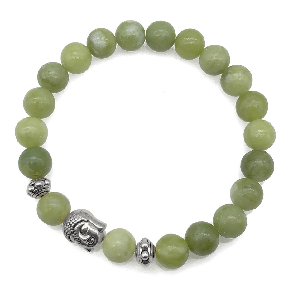 8mm Peridot & Antique Silver Buddha Charm Beaded Bracelet