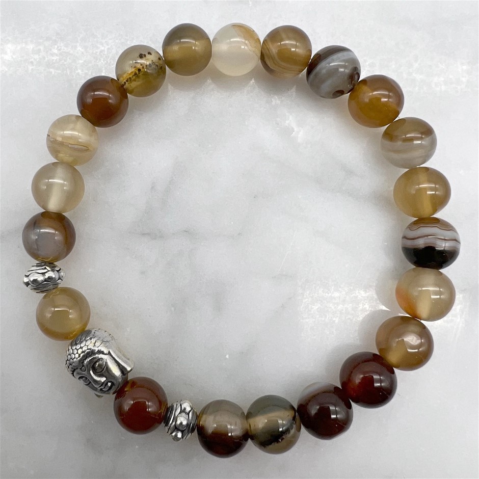 8mm Brown Stripey Agate & Antique Silver Buddha Charm Beaded Bracelet