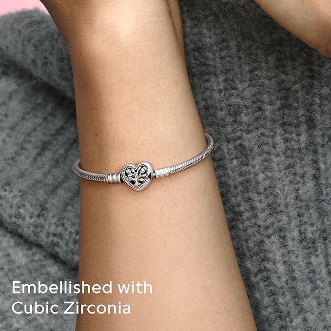 PANDORA Moments Family Tree Heart Clasp Snake Chain Bracelet, Clear CZ 925
