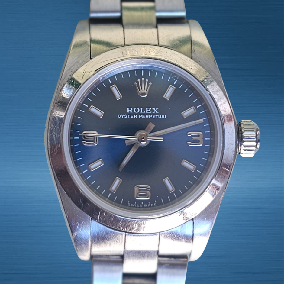 ROLEX OYSTER PERPETUAL 25MM STAINLESS STEEL 76080 BLUE DIAL BXO & COA