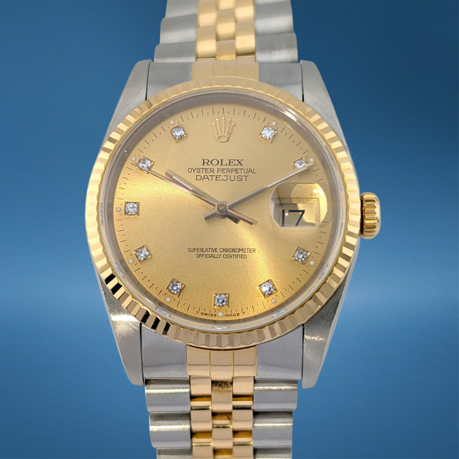ROLEX DATEJUST 36MM YELLOW ROLESOR 16233G CHAMPAGNE DIAMOND DIAL WXO & COA