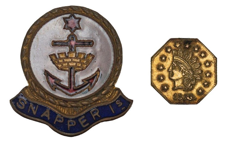 2 x USA 1873 gold dollar and AU cadet corps badge