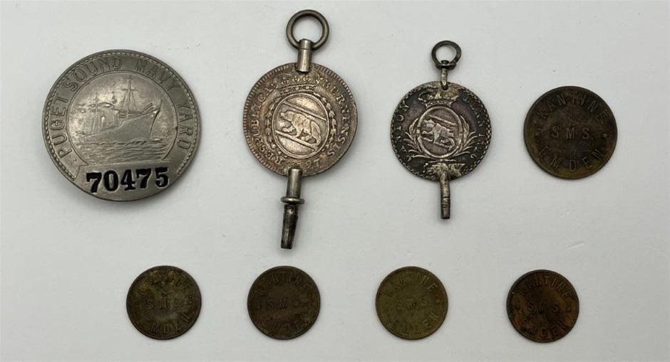 8 x Asstd Canteen tokens, Switzerland silver and USA badges