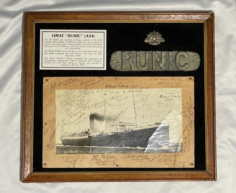 Framed autographed photograph of H.M.A.S. Runic,