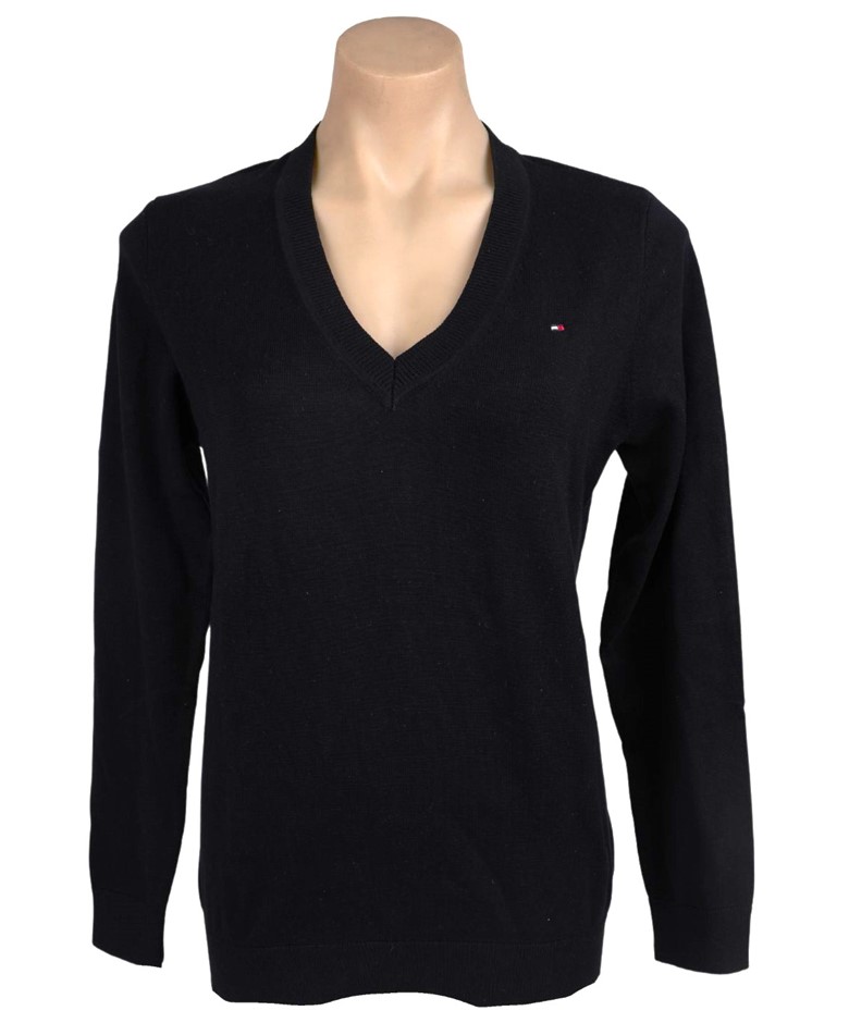 TOMMY HILFIGER Women's V-Neck Sweater, Size S, 100% Cotton, Black. NB: tear
