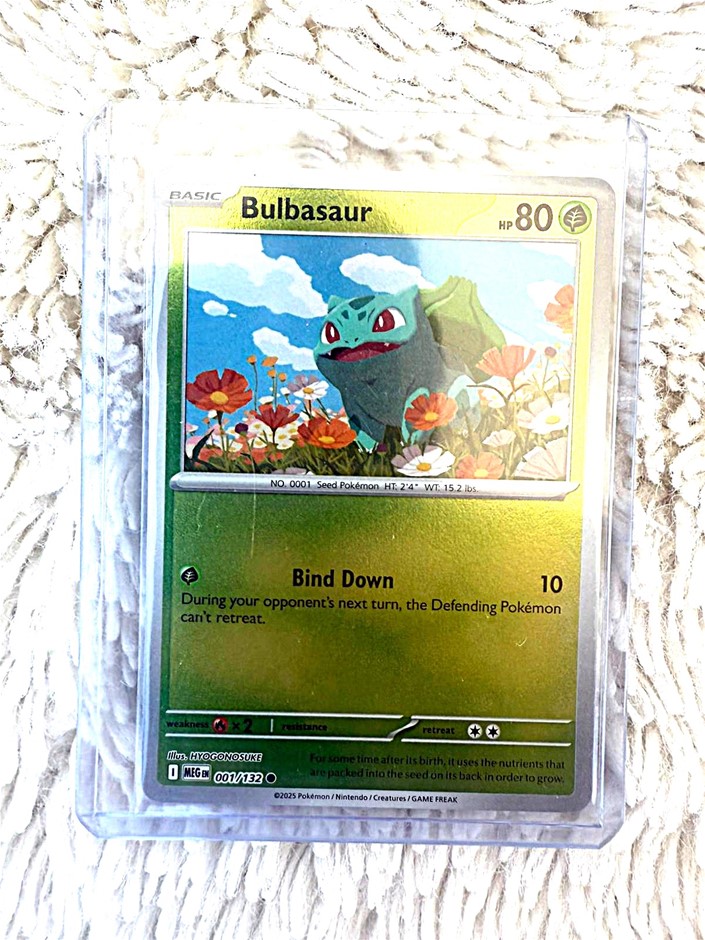 Bulbasaur English holo MEG 001/132 classic starter card.