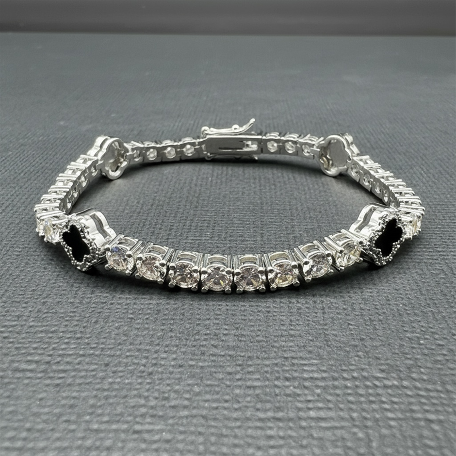 Silver-Filled Tennis Bracelet Four-Leaf Clover & Simulated Diamonds -17.8cm