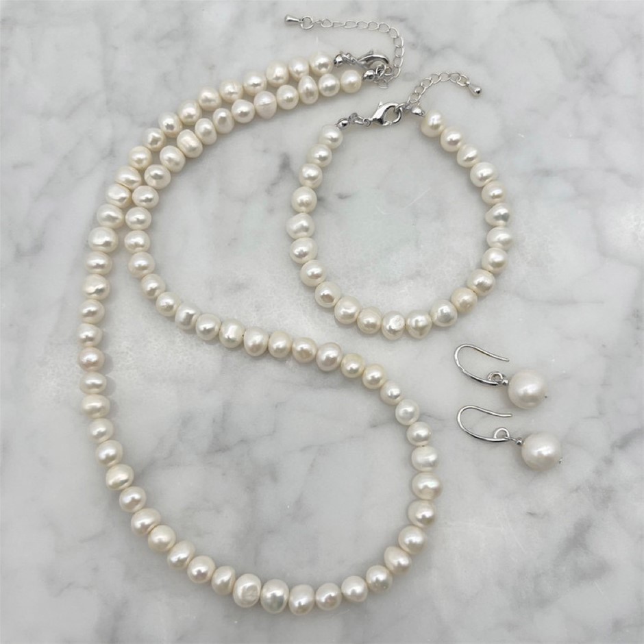 7-8mm White Pearls Platinum Plated Jewellery Set
