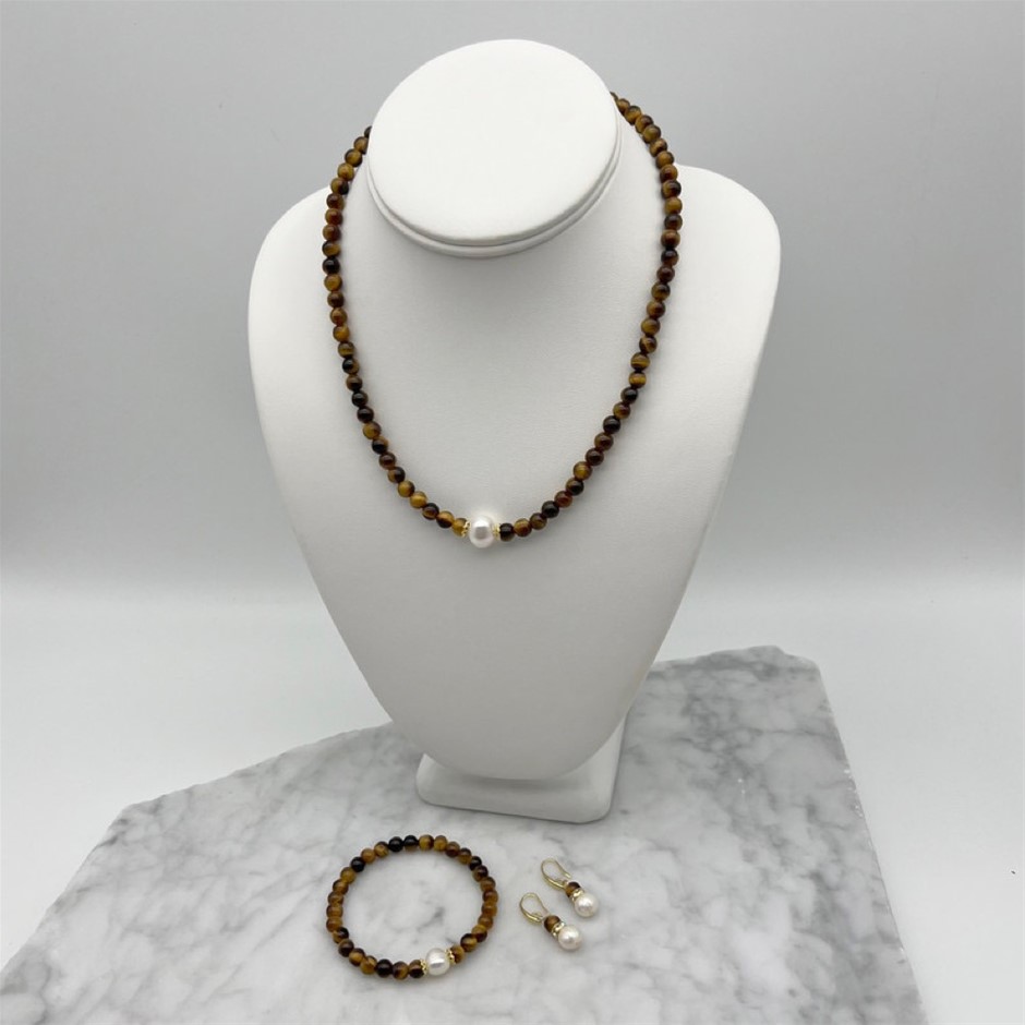 White Pearls Tiger Eye Gemstone Jewellery Jewellery Set