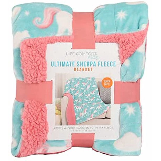 LIFE COMFORT Kids Ultimate Sherpa Fleece Blanket, Unicorn Pink Green.
