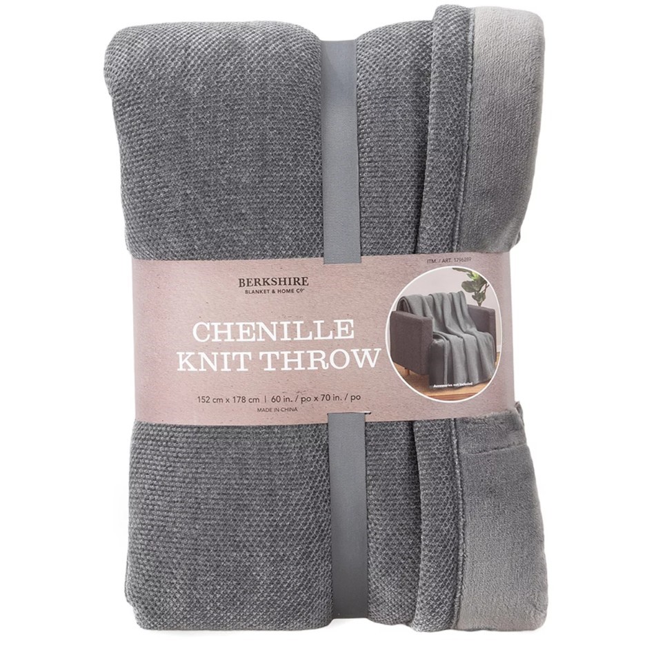BERKSHIRE LIFE Chenille Knit Throw Blanket, 152cm x 178cm, Ash Grey.