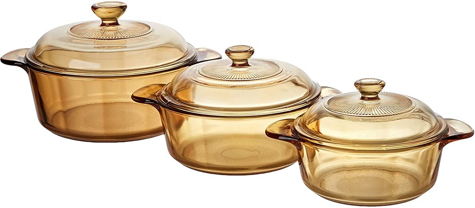 VISIONS Pyroceram Versa Pot Set with Glass Lids (3.25L, 2.25L & 1.25L), Amb