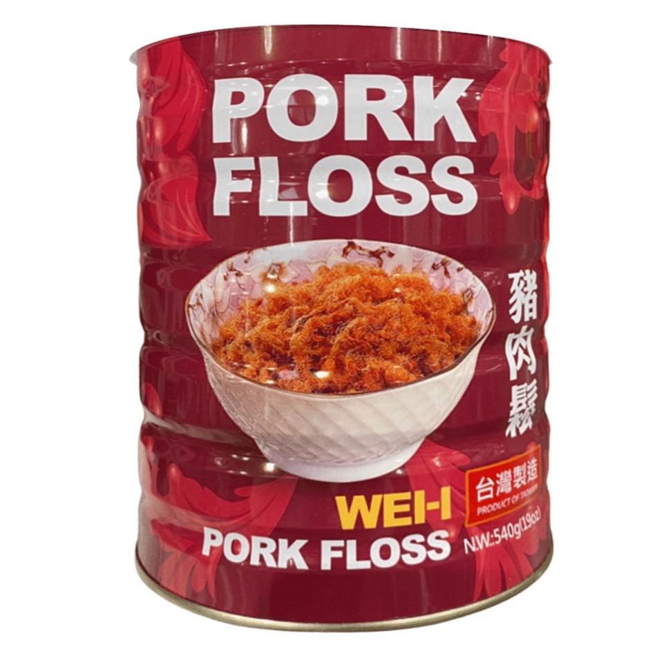 2 x WEI-I Pork Floss, 540g. N.B: Damaged tins & missing lids; still sealed.